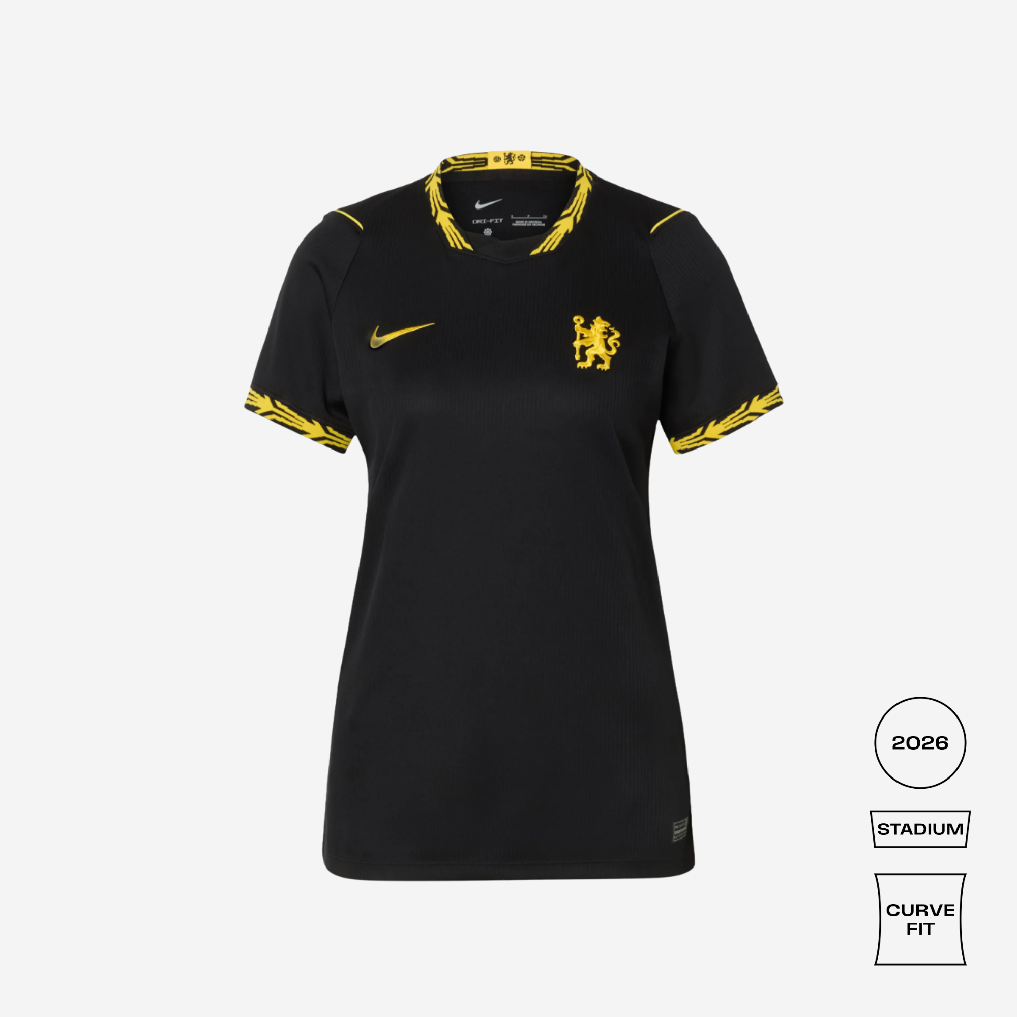 A black Nike Chelsea FC home soccer jersey with yellow trim on the collar and sleeve cuffs, featuring the yellow club crest on the chest. The image is set against a light gray background with three informational badges on the bottom right indicating '2026', 'STADIUM', and 'CURVE FIT'.