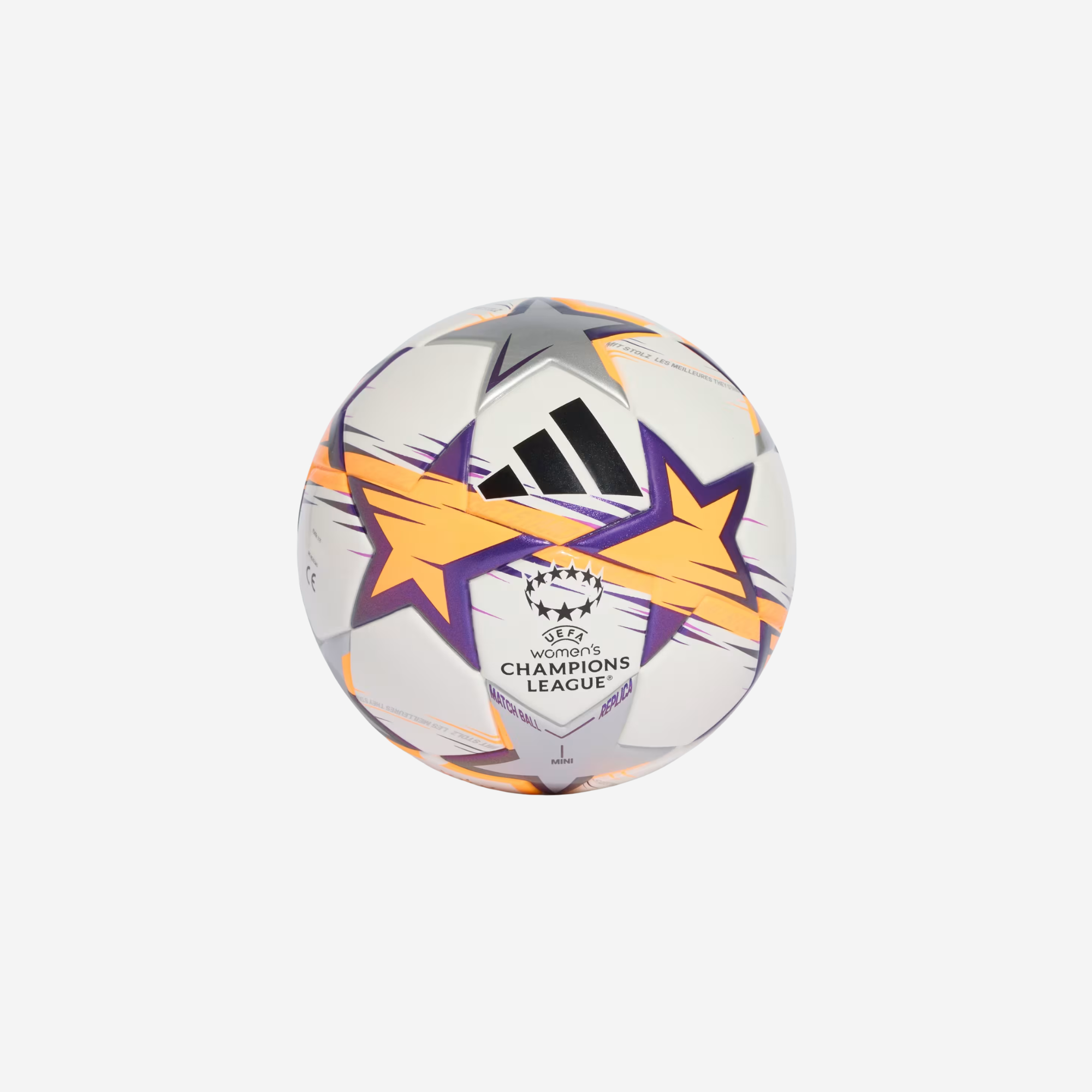 An Adidas Champions League soccer ball with a white base, featuring purple and orange star graphics, a black Adidas logo, and a central Champions League crest, set against a light gray background.