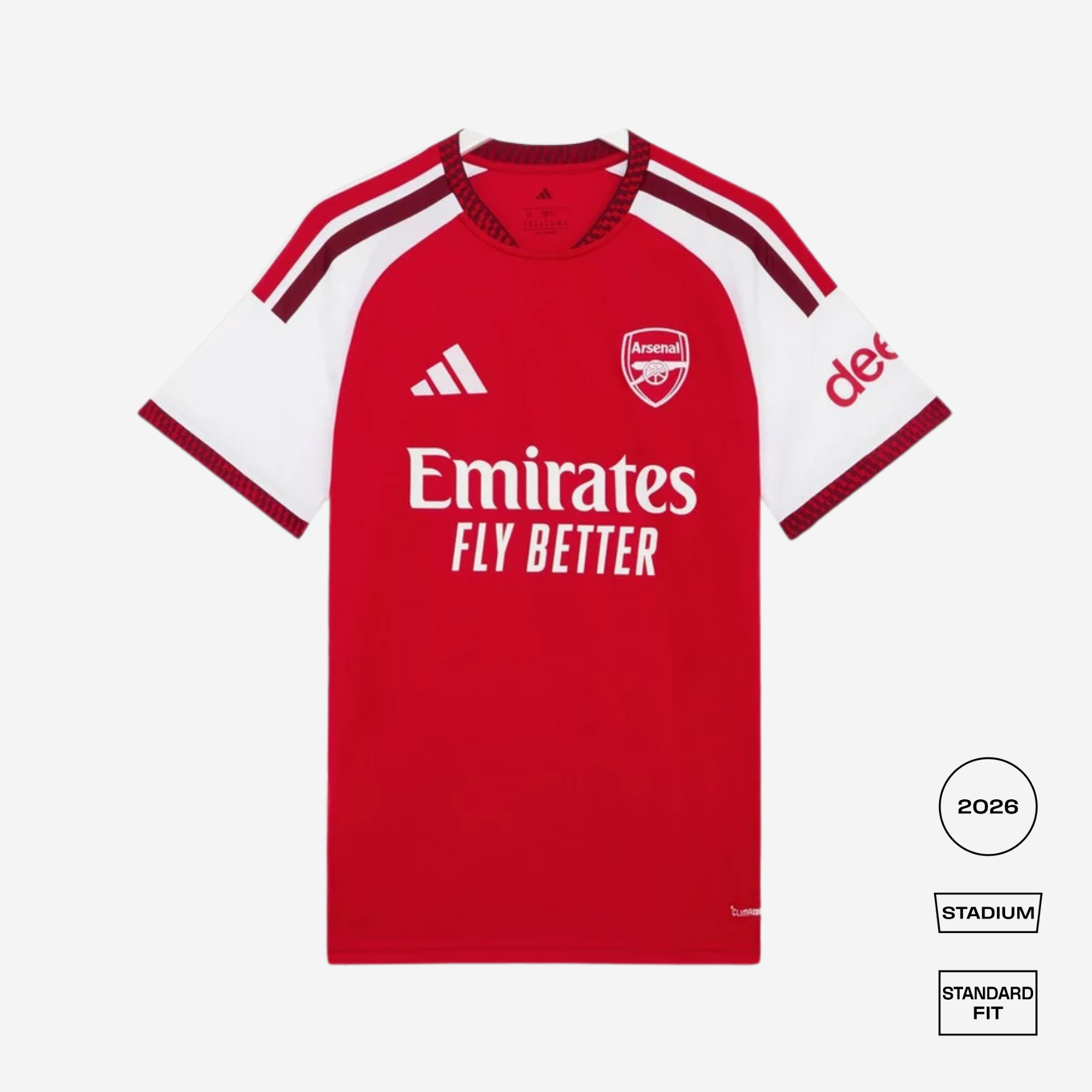 Red sports jersey with Emirates and Adidas logos on a white background
