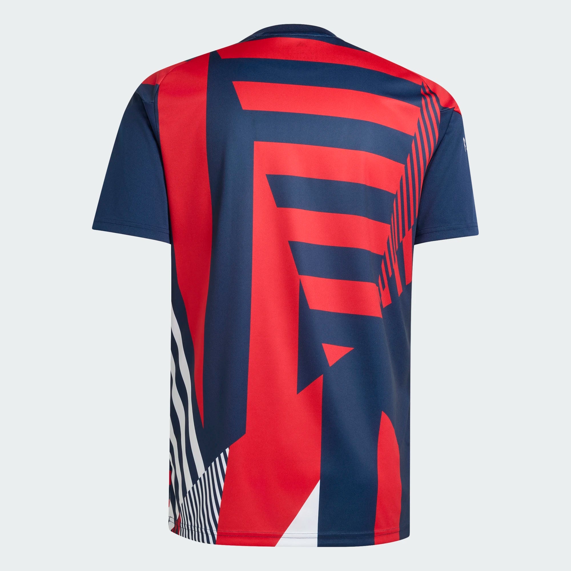 Red and blue sports jersey with geometric patterns on a white background