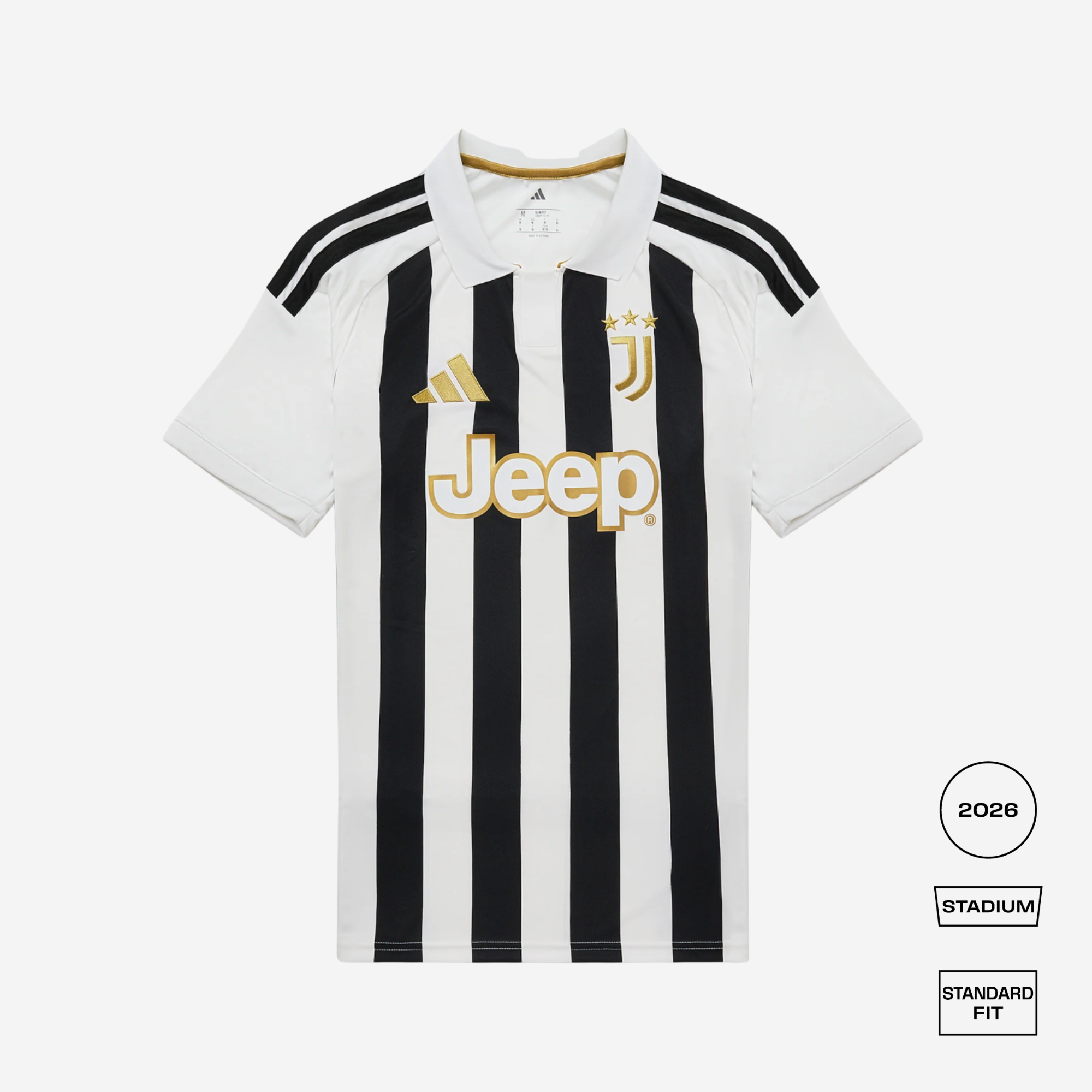 A white and black striped Juventus home soccer jersey with gold accents, featuring the Adidas logo, Juventus crest, and Jeep sponsor logo. The image is presented on a light gray background with fit and model information badges on the bottom right.