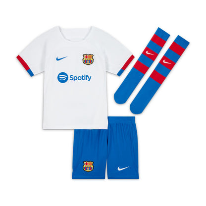 Equipación Nike Dri-FIT de 3 piezas para niños pequeños de la segunda equipación FC Barcelona 2023/24