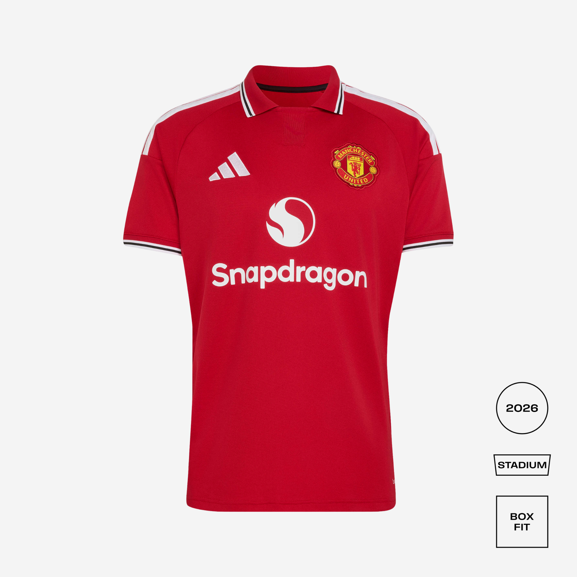 manchester united 2026/27 home shirt cropped, red and white, front view on background
