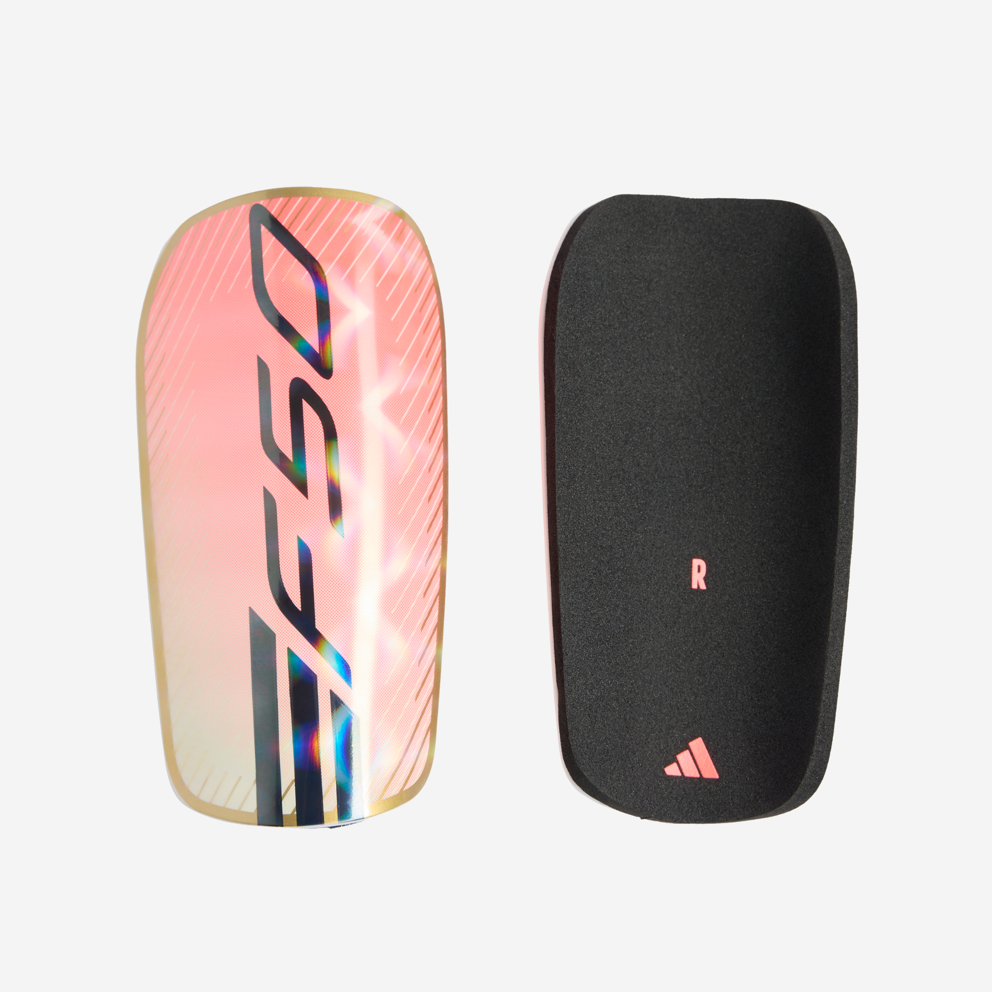 An Adidas soccer shin guard shown from both sides against a light gray background. The left side features a holographic, iridescent pink and gold plate with black 'E50' branding, while the right side shows the black textured foam backing with a pink 'R' and Adidas logo.