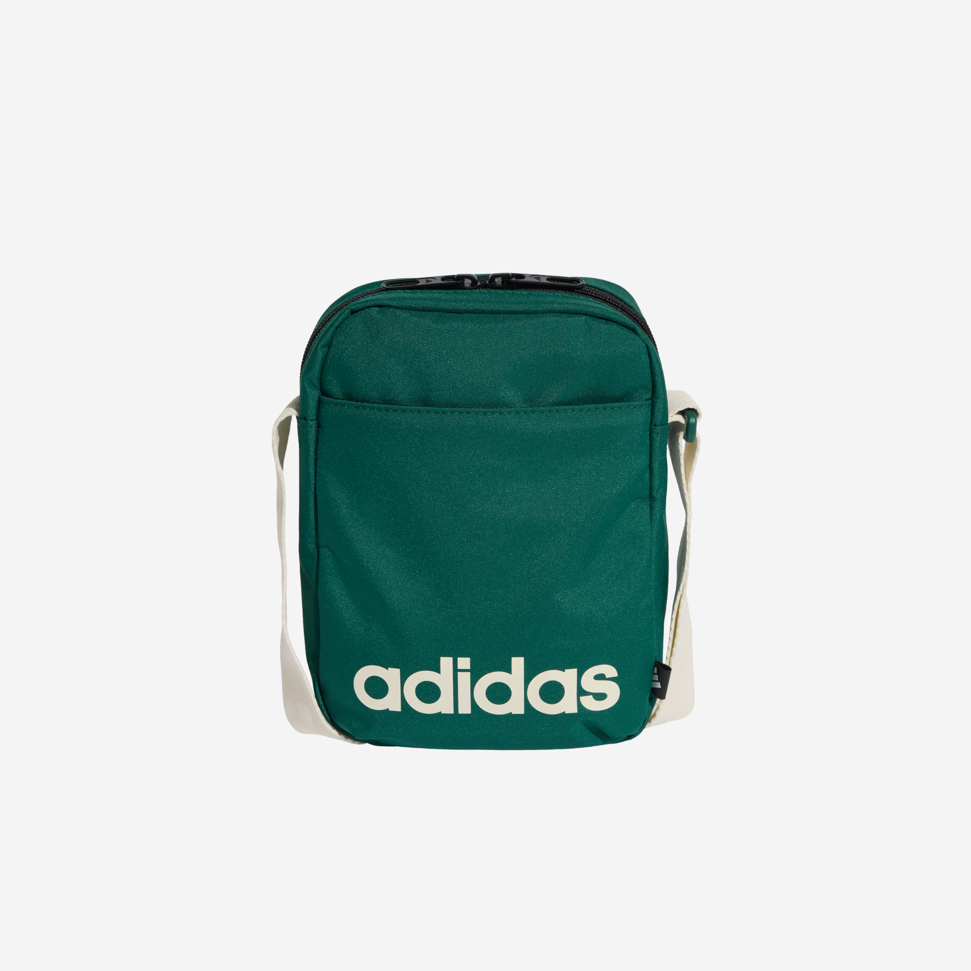 A dark green Adidas crossbody bag with a white logo on the front, displayed against a light gray background.