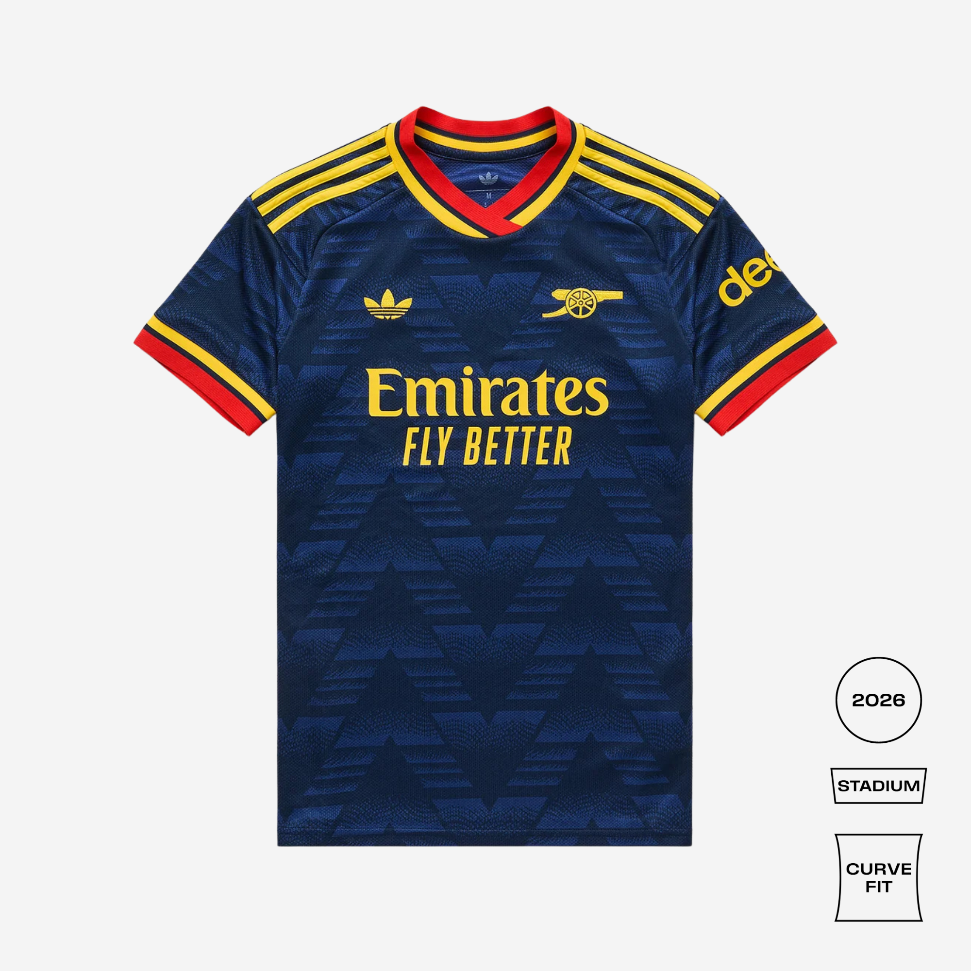 A dark blue Arsenal football jersey with yellow and red accents, featuring the Adidas logo, Arsenal crest, Emirates Fly Better sponsor text, and a sleeve logo. The jersey is displayed on a light gray background with fit and year badges on the bottom right.
