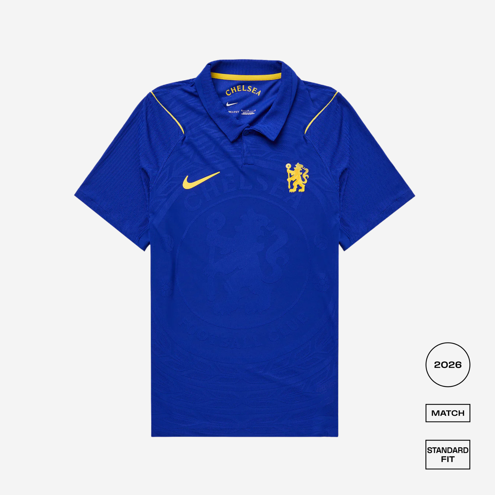 Blue sports jersey with yellow accents and branding on a white background