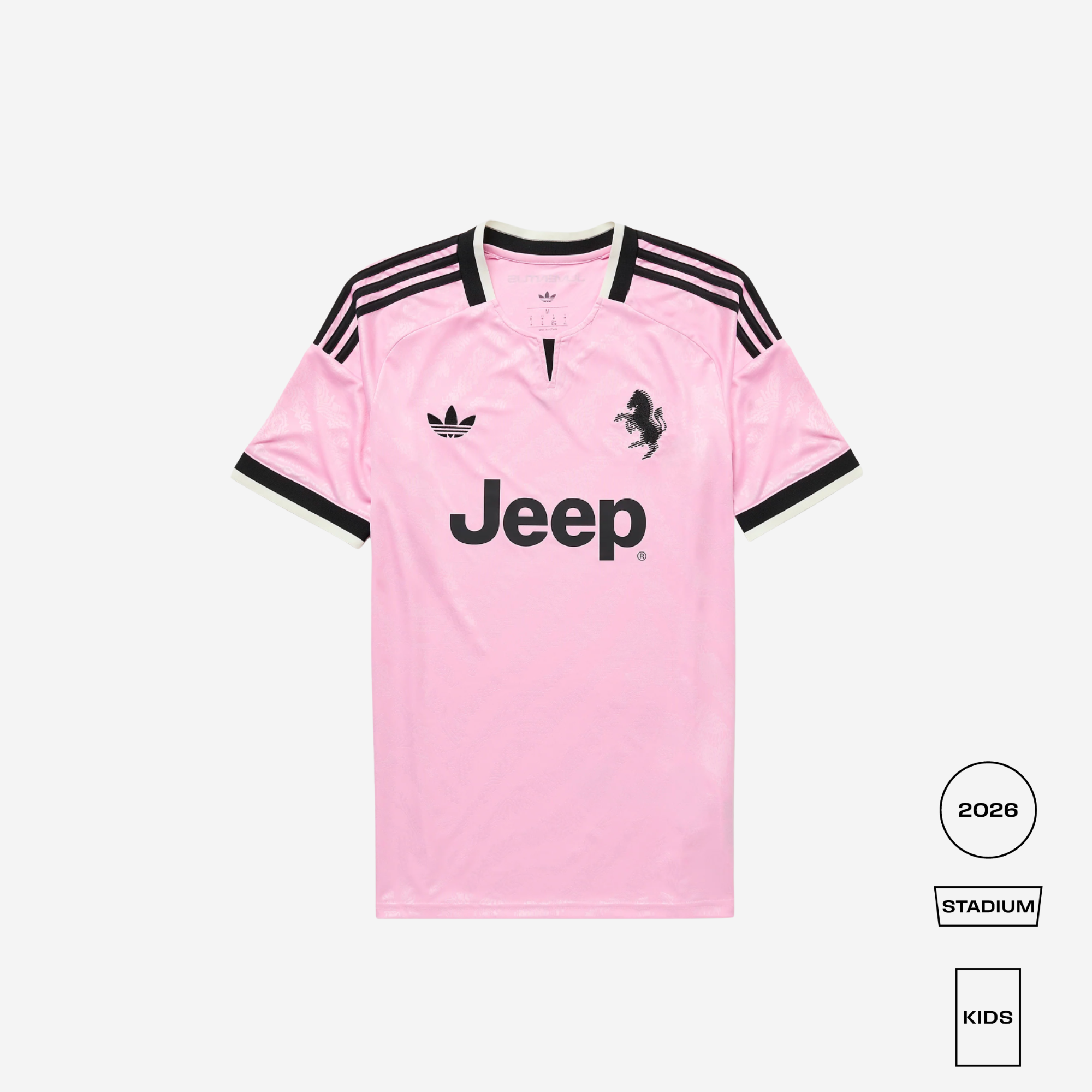 A light pink Adidas x Jeep Stadium jersey for kids, featuring black three-stripes on the shoulders, black trim on the collar and cuffs, the black Jeep logo on the chest, and the black Adidas trefoil logo. The image is set against a clean white background with product variant badges on the bottom right.