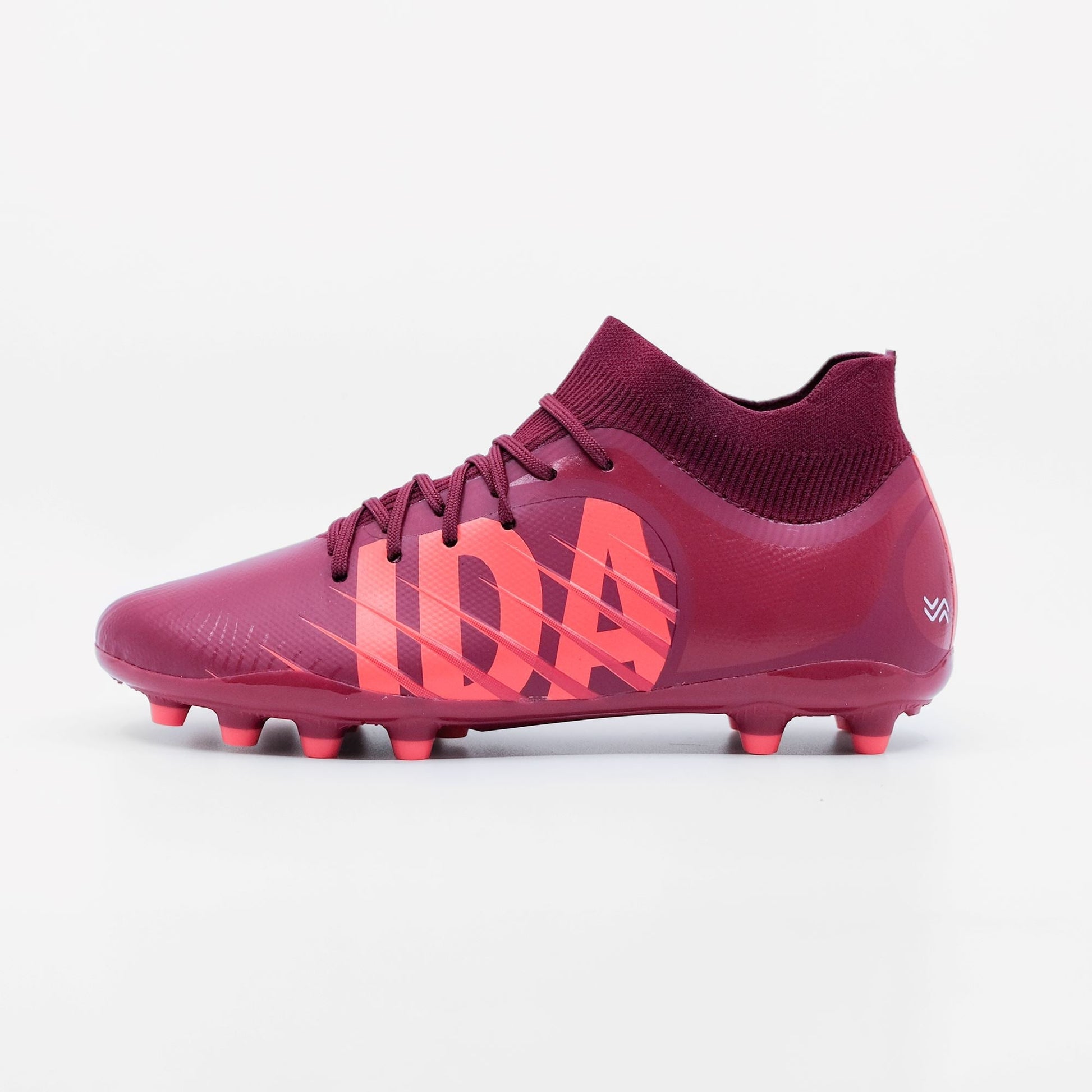 IDA Rise Women's Soccer Cleat, Burgundy, FG/AG, Firm Ground, Artificial Ground, Ankle sock, coral I-D-A in big letters on the outside of the cleat