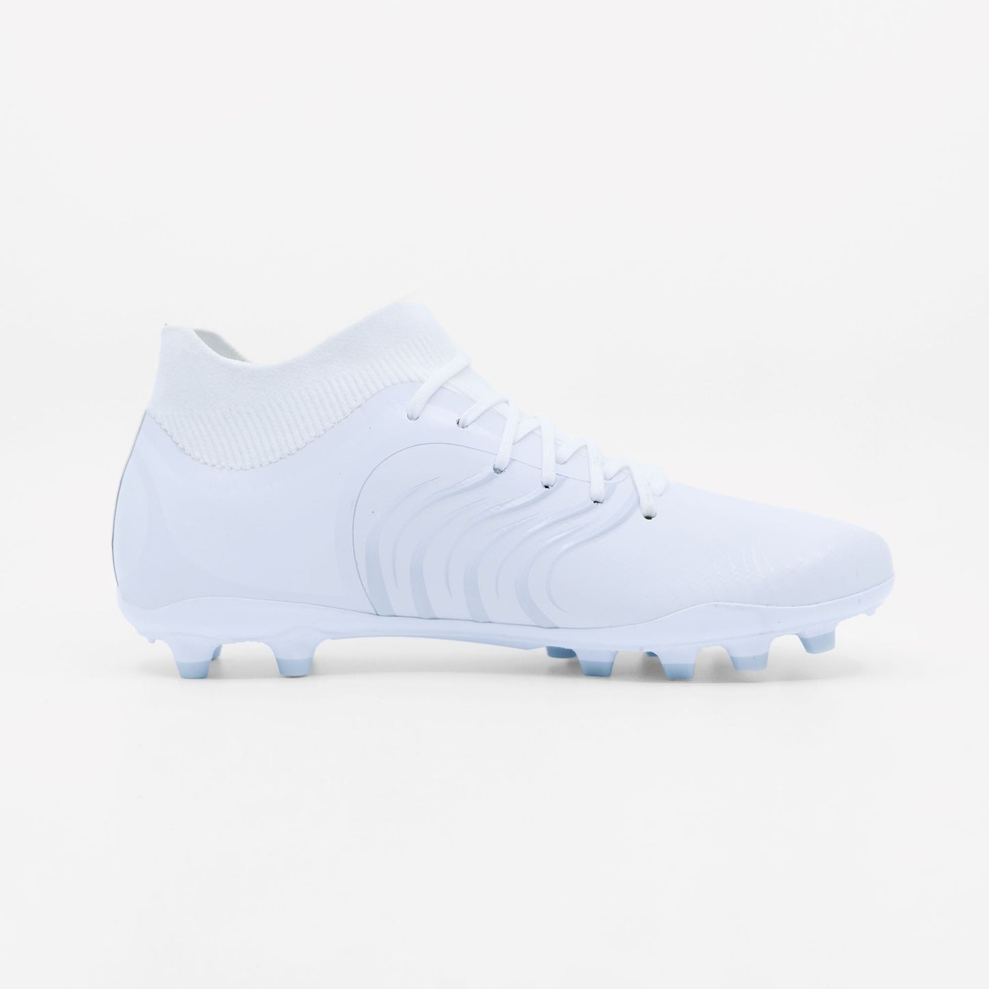IDA Rise Women's Soccer Cleat, White, FG/AG, Firm Ground, Artificial Ground, Ankle sock, inside of the left cleat showing white silver waves on the white cleat